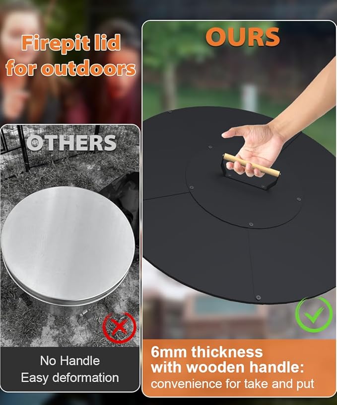 28" Wooden-Handle Fire Pit Lid for Pits up to 26", Round Metal Bonfire Pit Burner Pan Cover, Smokeless Fire Pit Cover for Fire Tables, All-Weather Resistance Outdoor Firepit Accessory