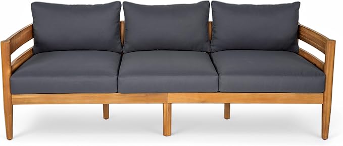 Christopher Knight Home Kavets 76.25'' W Outdoor 3 Seater Sofa with 5" Cushion, Acacia Wood Patio Sofa, Modern Slat Panel Bench, Spacious Seating Couch for Backyard Garden Porch, Light Teak+Dark Gray