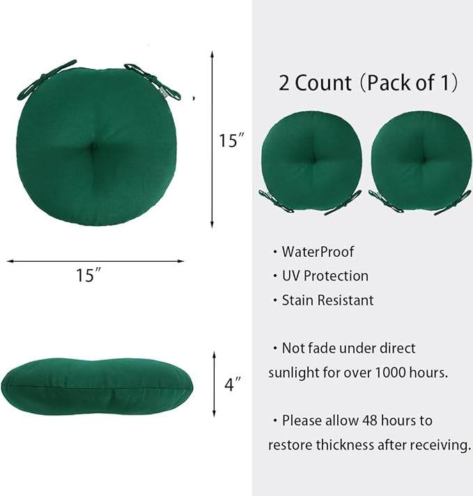 Bistro Chair Cushions 15 inch,Set of 2,Tufted Round Chair Cushions with Ties,15"x15"x4",Water Resistant Round Seat Cushion for Barstool Chairs,Patio Garden Kitchen Outdoor Furniture(Blackish Green)