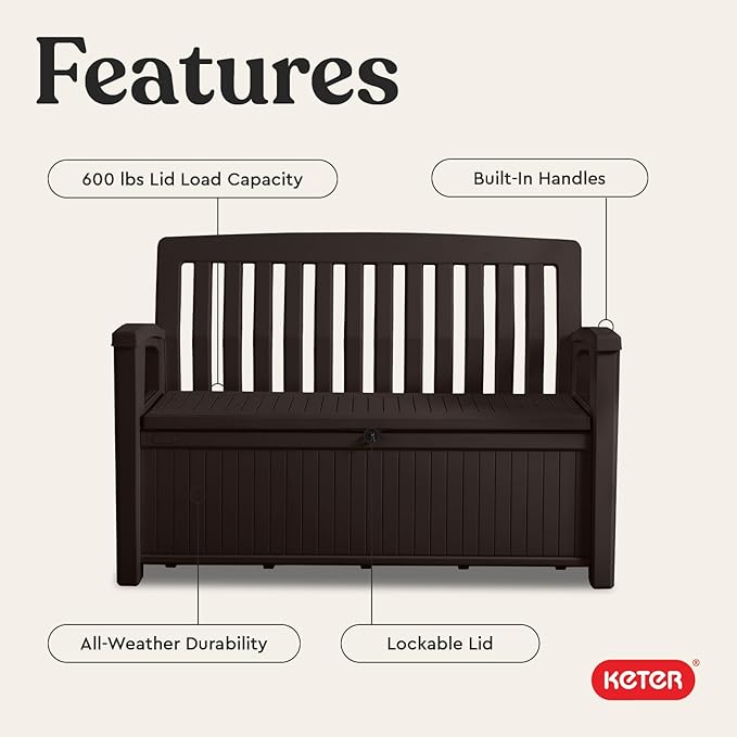 Keter 60 Gallon Storage Bench Deck Box for Patio Furniture, Front Porch Decor and Outdoor Seating – Perfect to Store Garden Tools