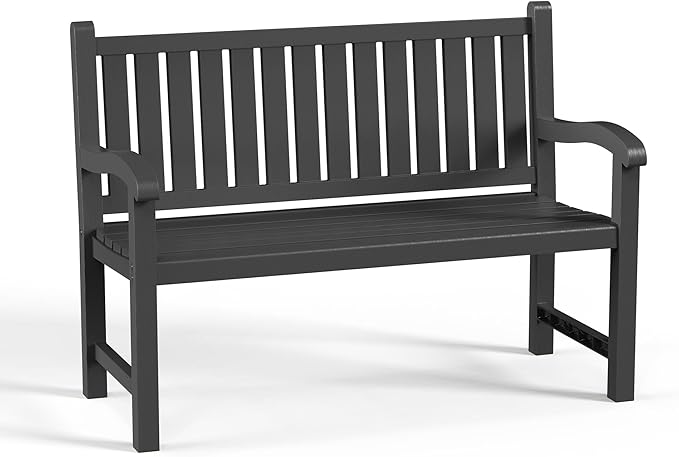 ROJIK Outdoor Bench Resin Patio Chairs Waterproof 2-Person Slatted Chairs with Sturdy Frame, Comfortable Seating for Garden Backyard Porch and Park(Black)