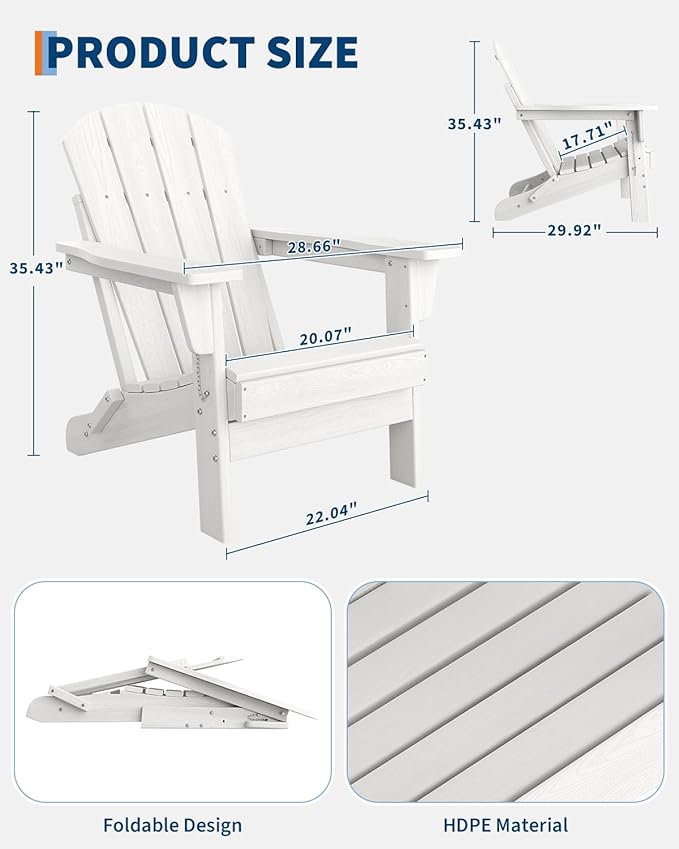 GarveeLife Folding Adirondack Chairs Set of 4, HDPE Plastic Outdoor Chairs with Wood Texture - 380 LBS & Weather Resistant for Fire Pit, Deck, Patio, Pool, Backyard - White