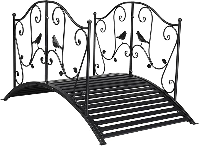 46.9in Outdoor Metal Garden Bridge,Outdoor Decorative Garden Arch Footbridge,Decorative Landscape Bridge,Outdoor Metal Arch Backyard Garden Bridge,with Guardrails,for Backyard, Pond, Lawn (Black)
