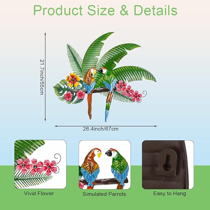 VEWOGARDEN Parrots Wall Decor Large Outdoor Metal Bird Wall Art for Patio Farmhouse Garden Living Room Bedroom Decorations