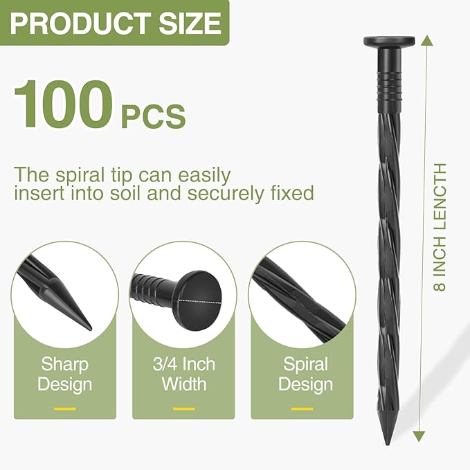100Pack Plastic Landscape Edging Spikes, 8 Inch Spiral Landscape Anchoring Spikes，Landscape Spikes for Garden Lawn Yard, Paver Edging, Weed Barrier, Artificial Turf & More