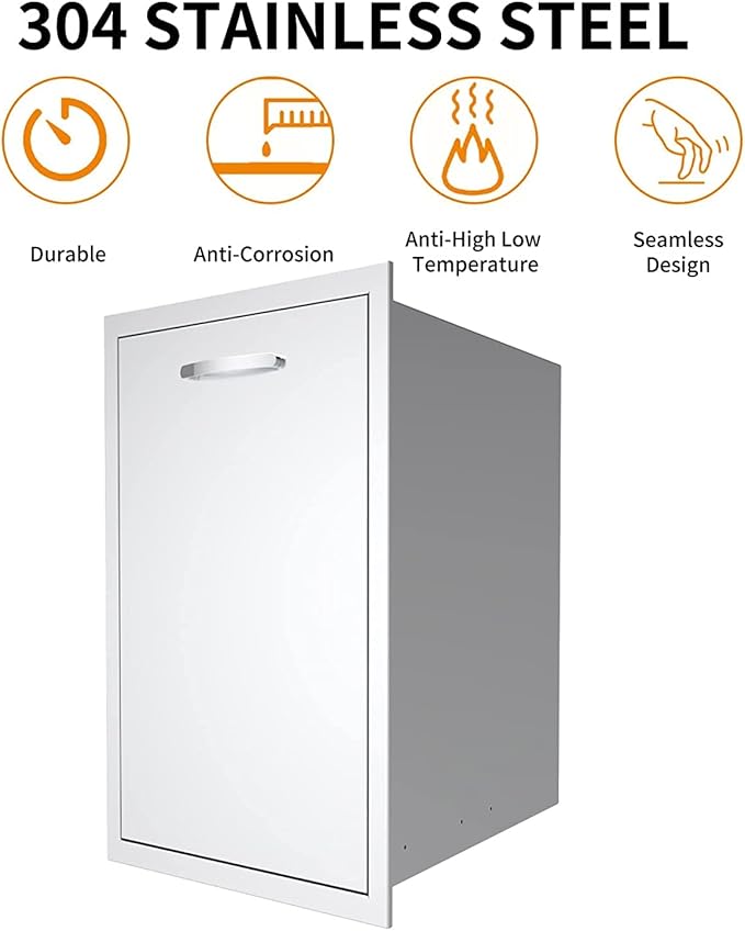Built-in Single Trash Drawer 14" W x 27" H x 20" D, Pull-Out Tray Outdoor Kitchen Stainless Steel Trash Drawer Storage One Trash Bin for BBQ Island Grill Station
