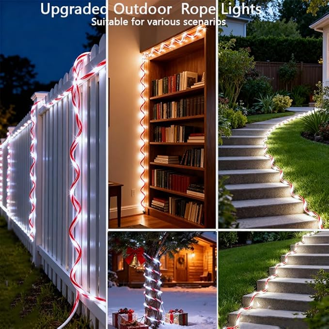 Solar Rope Lights 33Ft 100 LED Rope Lights for Outside 8 Modes White Fairy Light Solar Outdoor for Patio Fence Party Garden Yard Home Holiday Tree Decoration Candy Color