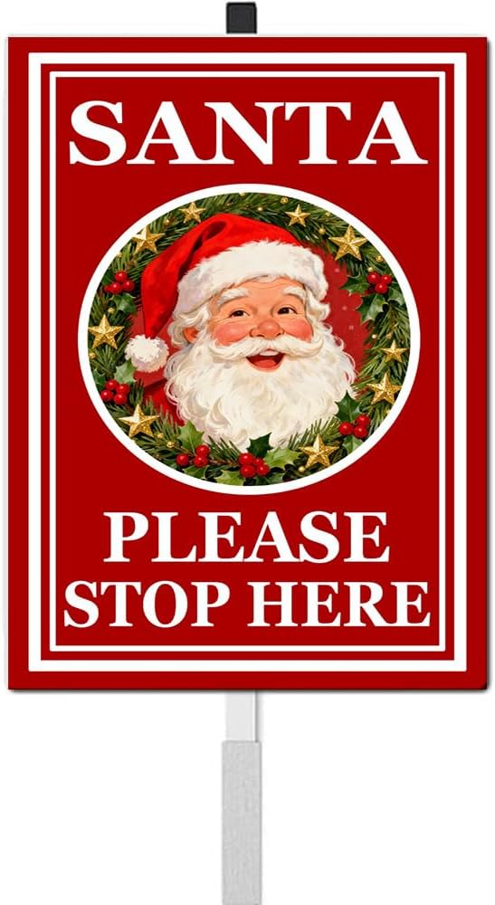 Santa Stop Here Yard Signs With Stake Rustproof Reflective Aluminum Christmas Decoractive Garden Stakes for Lawn Outdoor Decorations 8x12 In