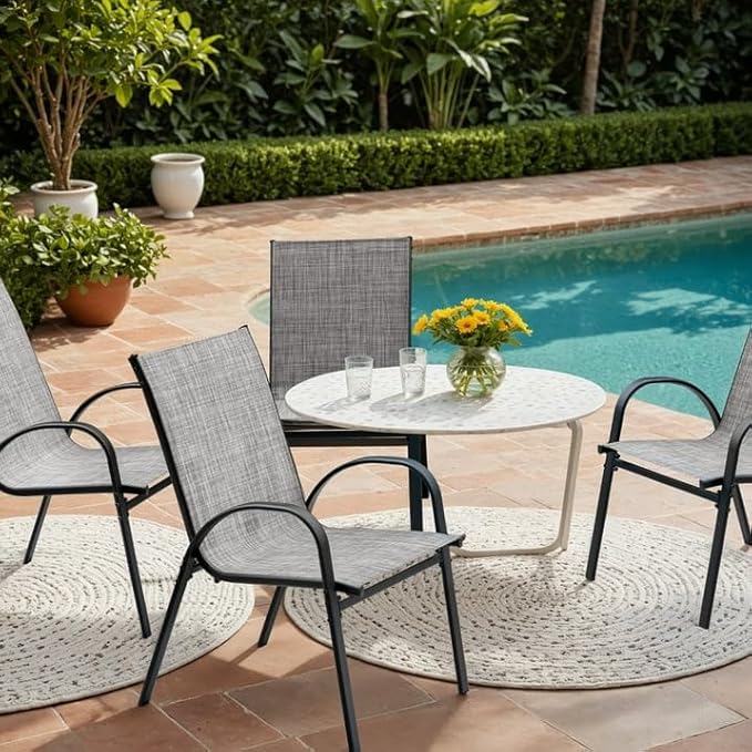 Devoko 4-Pack Stackable Patio Chairs Heavy-Duty Rust-Resistant Outdoor Dining Chairs with Ultra-Comfort Textilene Fabric for Deck, Porch, Garden & Balcony (Grey)