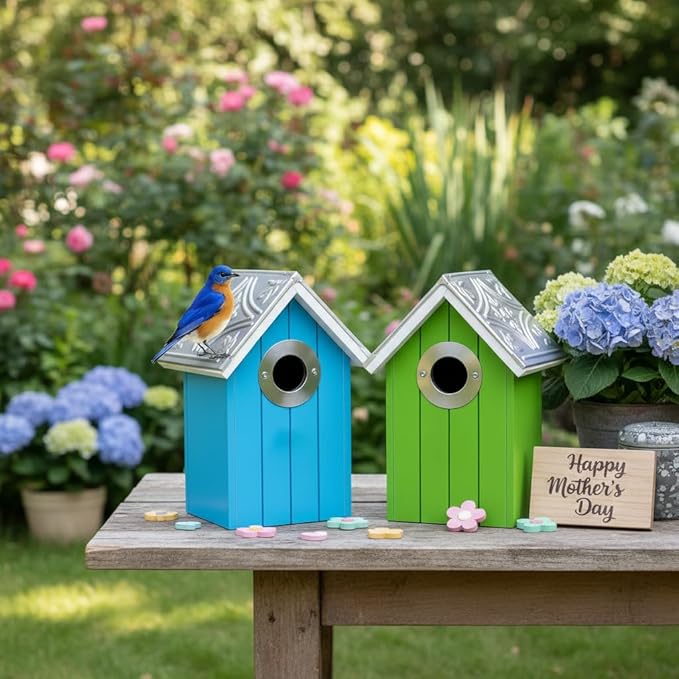 2PK Cedar Bluebird House, Wooden Bird House for Outside, 1.5" Entrance Hole Size, Stainless Steel Entrance Hole Protector, Silver Metal Roof, Colorful Garden Decorative (Green+Blue) Updated Version