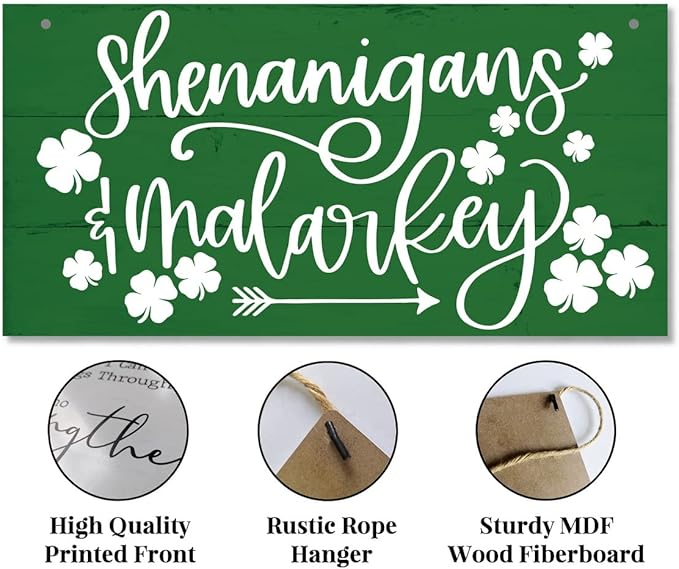 Funny St Patricks Day Wood Decor Sign, Shenanigans & Malarkey Printed Wood Wall Art Sign, Home Signs Decor, Hanging Door Wood Sign, Irish Sign, St Patricks Day Decor, Rustic Farmhouse Wood Sign