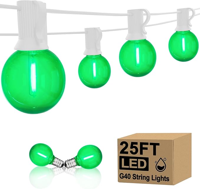25FT G40 LED Outdoor Globe String Lights, Outdoor St. Patrick's Day Decorations Lights with 27 Shatterproof Clear Green Bulbs, Hanging Patio Lights Waterproof for Irish-themed Party Backyard Garden