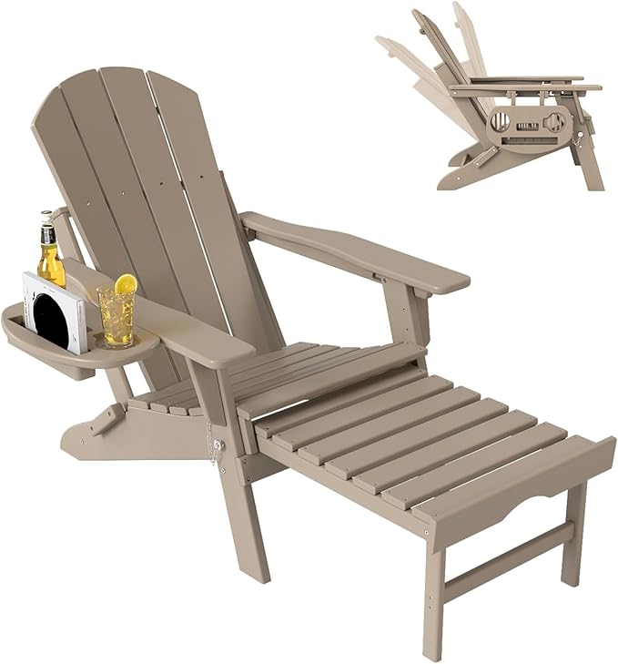 Adjustable Adirondack Chair with Retractable Ottoman, HDPE Folding Adirondack Chair with Cup Holder, All Weather Fire Pit Chair for Outdoor.