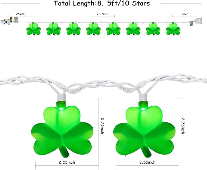 Shamrock String Lights, 8.5Ft St Patrick's Day Decorations String Lights with 10 Green Clover Lights, Connectable Shamrock Indoor Fairy Lights for St Patrick's Day Party Irish Holiday Garden Decor