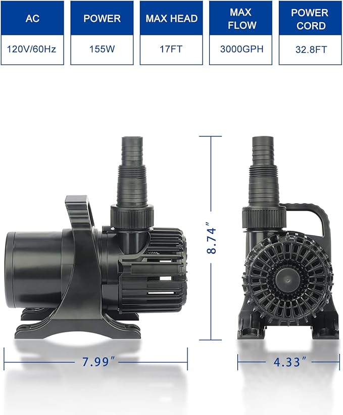OYO WATER Outdoor 3000gph-155W 32.8FT Pond Water-fall & Kio Fish Fountain-s &Garden Pump Submersible IPX8: Long 32.8FT Cord Smart-er & Quieter Duck & Yard Ponds Pumps, 1 Barrier Pump Bag