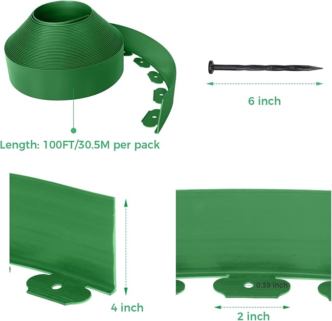 4-Inch x 100 FT Landscape Edging Border with 150 Stakes, Plastic Garden Edging Border Kit, Flexible No Dig Lawn Edging Border for Garden Flower Beds Yard Pathway Paver (Green)