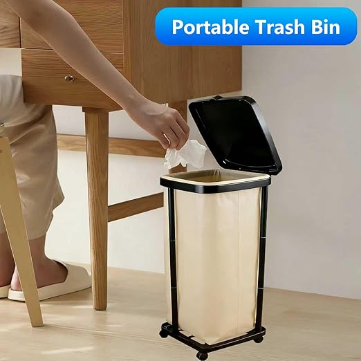 Foldable Trash Bag Holder with Cover and 4 Wheels - 3 Level Adjustable Height Plastic Trash Bag Holder,13 Gallon Trash can, for Kitchen Camping Yard RV Indoor Outdoor
