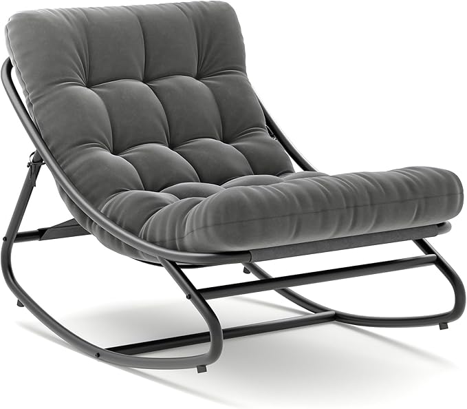 PeakPursuit Indoor Outdoor Papasan Rocking Chair with Cushion, Oversized Outdoor Rocking Chair, All Weather Rocking Papasan Chair for Bedroom/Living Room/Porch/Garden/Patio