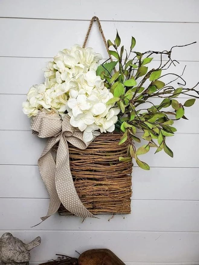 Cream Hydrangea Door Hanger Basket, 2025Wildflowers Door Hanging Basket, Front Door Beautiful Artificial Spring and Summer Wreath Welcome Sign, Home Porch Farmhouse Decor (A1)