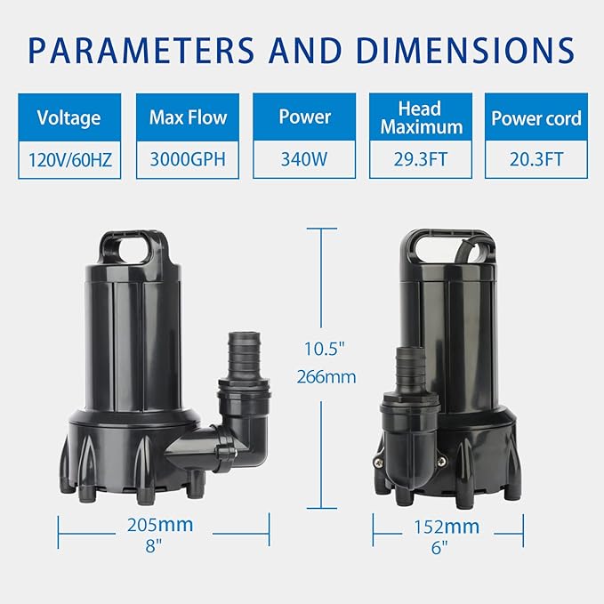 OYO WATER 3000GPH Submersible Outdoor Inline Pond Pump High Head Water Pump for Garden Waterfall Fountain Water Circulation for Koi Fish Pond