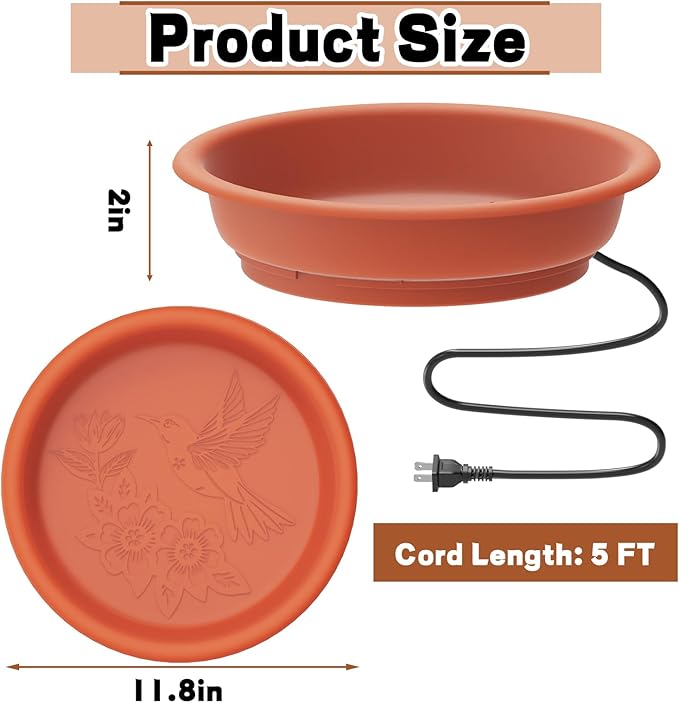 Heated Bird Bath Bowl for Outside,100W Thermostatically Controlled Heated Birdbath Single Bowl Water Heated Bird Bath for Outdoor Winter Garden Patio Yard Lawn Deck(Brown)