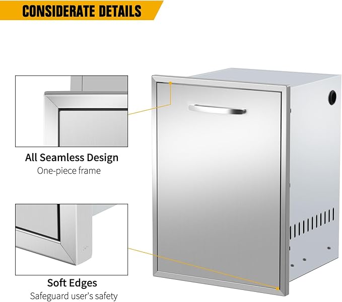 Built-in Single Trash Drawer 17" W x 23" H x 16" D Pull-Out Tray Outdoor Kitchen Stainless Steel Trash Drawer with Handle Storage Trash Bins or Propane Tank for BBQ Island Grill Station