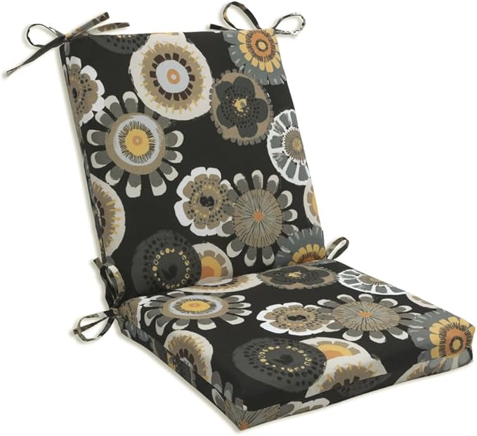 Pillow Perfect Floral Indoor/Outdoor Solid Back 1 Piece Square Corner Chair Cushion with Ties, Deep Seat, Weather, and Fade Resistant, 36.5" x 18", Black/Yellow Crosby, 1 Count