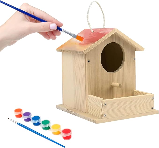 Bird House Kits for Adult, Wooden DIY Birdhouse Kit, Outdoor Woodworking Crafts Freestyle Painting, Arts and Crafts Projects with Paints & Brushes, Hanging Birdhouse for Garden Yard Decor Gifts (1Pcs)
