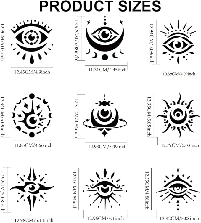 MAYJOYDIY Magic Evil Eyes Stencils, 6x6 inch, 9 Pieces with Paint Brush, Moon Phases Star Template for Wall Furniture Canvas