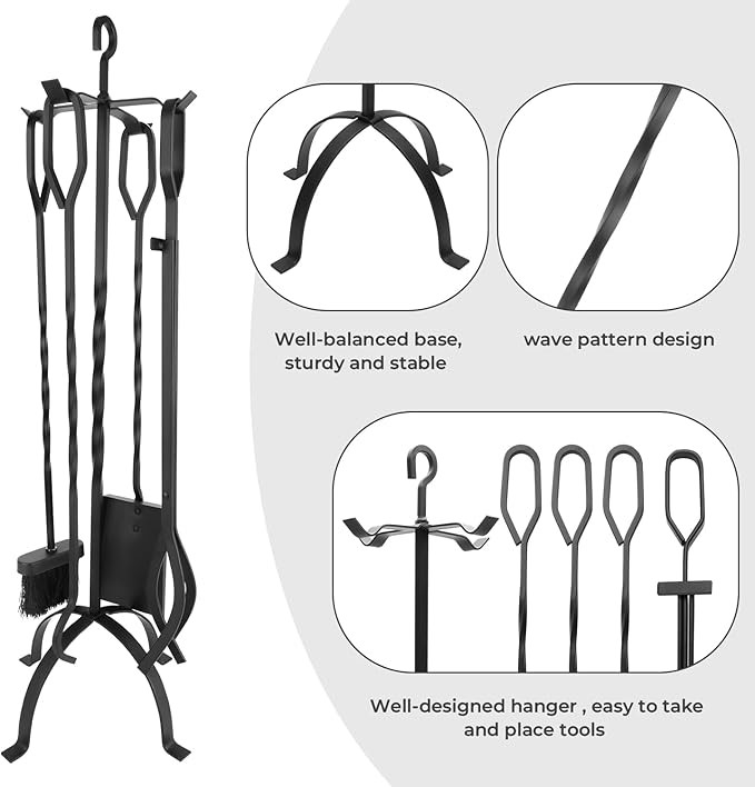 Fireplace Tools Set 5 Pieces - Lightweight Wrought Iron Fire Pit Accessories for Indoor Outdoor, Includes Sturdy Stand, Poker, Shovel, Brush & Tongs - Modern Fire Place Kit for Wood Stove