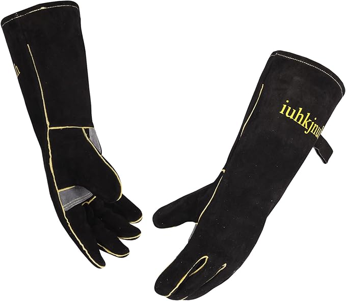 Leather Oven Gloves for Women Man, Heat Resistant Fire Long Sleeve Gloves for Tig Mig Stick BBQ Fireplace Animal Handling (16in)