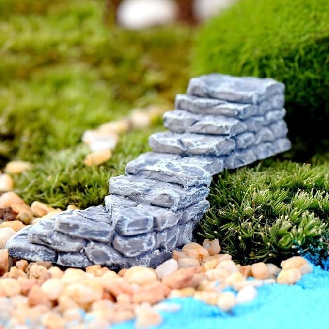 Curved Stone Steps Miniature Fairy Garden Accessories,Miniature Pond Lawn Ornament Figurines, Mini Lighthouse Water Well Bridge Figurines, Micro Landscape Ornaments for DIY Kit Statues