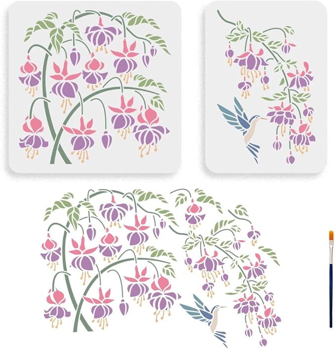 MAYJOYDIY 2pcs Fuchsia Begonia Stencil 11.8×11.8/11.7×8.3inch Fuchsia Flower Hummingbird Stencils with Paint Brush Reusable Flourishing Flower Vine Tree Template for Furniture Fabric Wood Wall Canvas