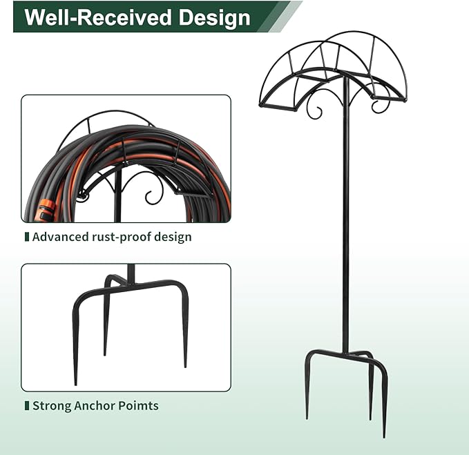 Freestanding Garden Hose Holder Stand – Heavy Duty Hose Hanger Stand, Outdoor Hose Organizer, Water Hose Stand Rack, Hose Butler Storage for Yard Lawn Garden（black）