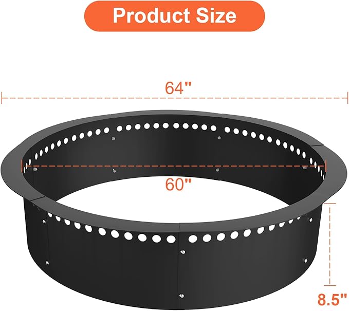 Smokeless Fire Pit Ring, 64 inch Outer/60 inch Inner Heavy Duty Large Solid Steel Firepit Liner for Outside Wood Burning, DIY Campfire Ring Above or In-Ground for Outdoor