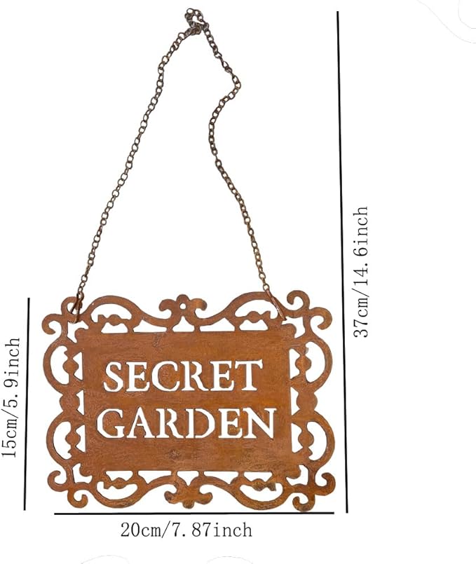 Rustic Iron “Secret Garden” Hanging Sign, Natural Rust Patina Metal Plaque with Ornate Cutout Scrollwork and Chain, Garden Gate & Wall Decor, 7.9 × 5.9 Inches