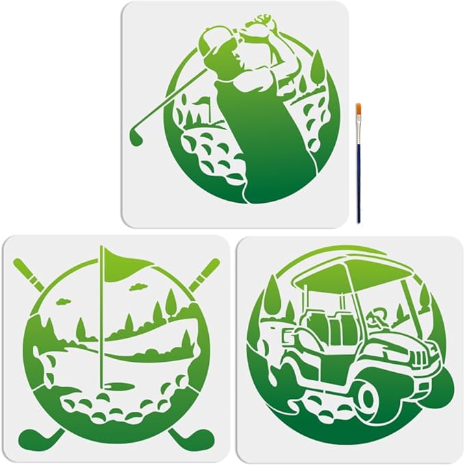 MAYJOYDIY 3-Pack Golf Stencils - 11.8x11.8in Golf Ball, Swing Border & Club Templates for Crafts, Wood, Wall, Fabric & Furniture