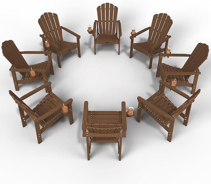 Stackable Adirondack Chair Set of 8, HDPE All-Weather Adirondack Chairs - Durable and Space Saving, Plastic Outdoor Fire Pit Chairs with Cup Holder,Wood