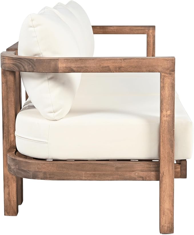 Christopher Knight Home Havets 74.75"W Outdoor 3 Seater Sofa, 6" Thick Cushion Couch, Acacia Wood Bench Sofa, Slats Panel Open Back, Spacious Seating Bench Couch for Backyard Garden Porch, Brown+Beige