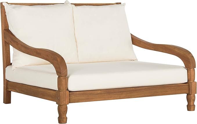 SAFAVIEH Outdoor Collection Pomona Natural Solid Wood/Beige Lounger Bench Sofa Loveseat (PAT6740A)