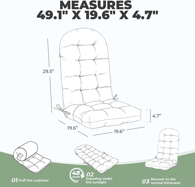 Outdoor/Indoor Adirondack Chair Cushion, Waterproof Outdoor Rocking Chair Cushion with Ties, Tufted Replacement Seat Cushions for Outdoor Furniture, Grey