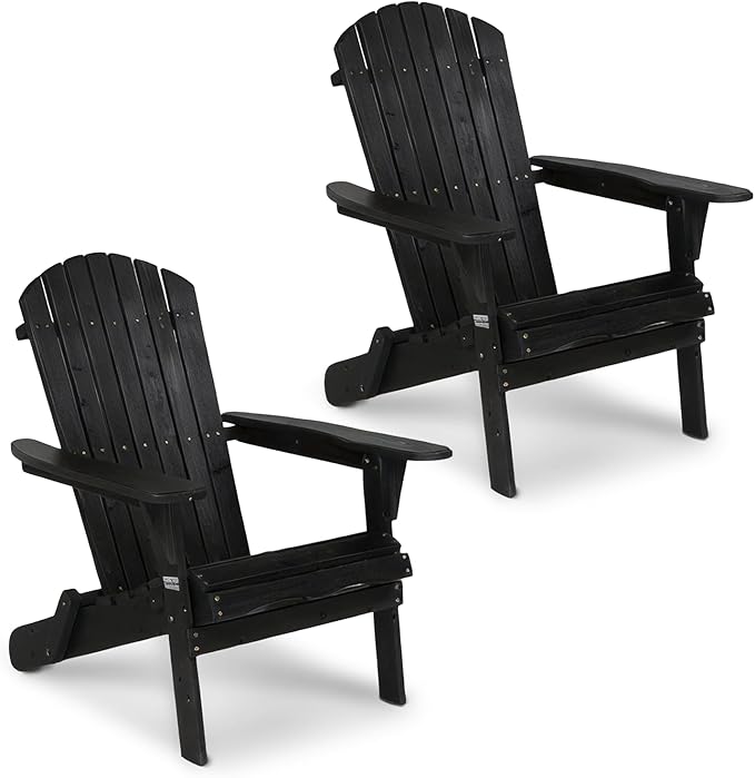 VINGLI Folding Adirondack Chairs Set of 2, Wood Adirondack Chair for Outdoor, Foldable Fire Pit Chairs for Patio, BBQ, Porch, Yard, Pool, Black