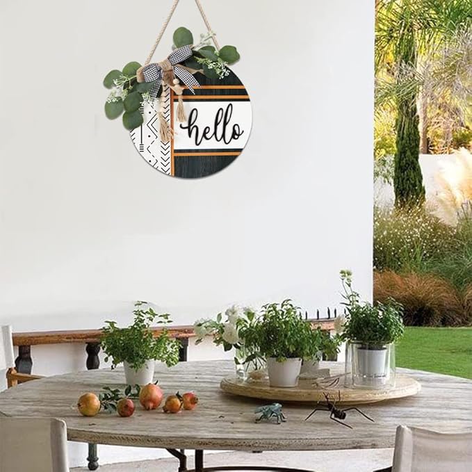 CHDITB Boho 3D Hello Front Door Wreath Sign(12"x12"), Farmhouse Front Door Porch Decor with Eucalyptus Leaves Plaid Bow Bead, Rustic All Seasons Door Hanger Decoration Hanging for Office Home