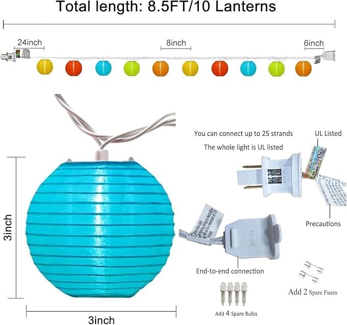 SUNSGNE Lantern String Lights, 8.5FT Indoor Lantern Christmas Lights with 10 LED Colorful Lanterns for Home Patio Party Wedding Bistro Indoor Bedroom Decoration