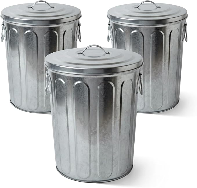 Plexon 5 Gallon Small Metal Trash Can with Lid Outdoor Galvanized Bucket with Lid 5 Gal Fireplace Ash Bucket for Wood Stove Storage Can for Dog Food Bird Seed Storage Container Rodent Pet Proof 3 Pack