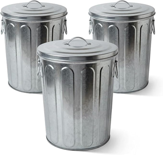 Plexon 5 Gallon Small Metal Trash Can with Lid Outdoor Galvanized Bucket with Lid 5 Gal Fireplace Ash Bucket for Wood Stove Storage Can for Dog Food Bird Seed Storage Container Rodent Pet Proof 3 Pack