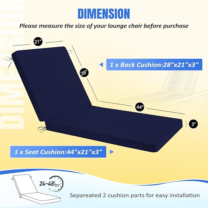 Basic Beyond Chaise Lounge Cushions Outdoor, 3-Layer Waterproof Outdoor Furniture Cushions with Removable Cover and 4 Ties, 72"x21"x3" Patio Lounge Chair Cushions for Outdoor Furniture, Navy