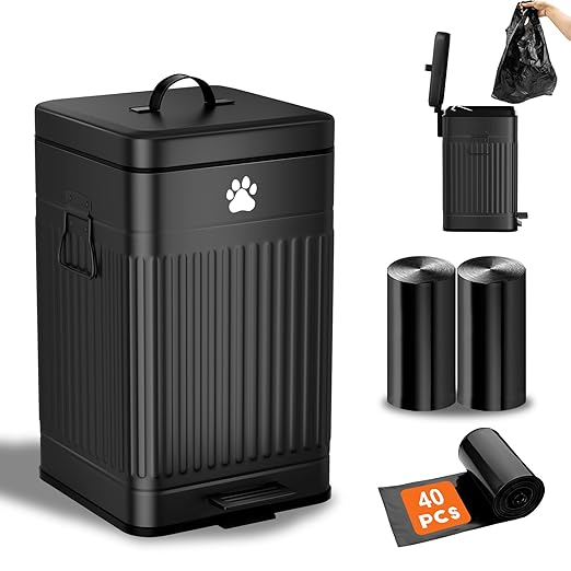 Dog Poop Trash Can Outside, 12L/3.1Gal Metal Dog Waste Trash Can with Lid, Foot Pedal, Waste Container with 40 Bags, Pet Poop Bucket with Lid Soft Close for Pet, Rectangular Black