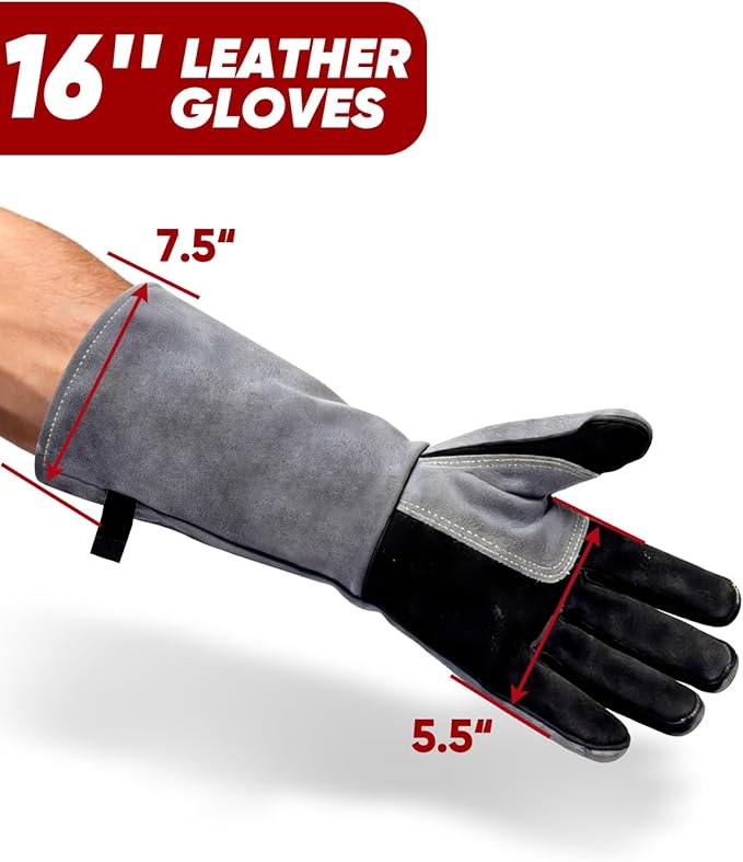 Welding Gloves, 16IN 932℉ Fire Heat Resistant Leather Heavy Duty Work Gloves for Stick Mig Tig Forge BBQ Grill Fireplace Wood Stove Grill Oven XL for Men