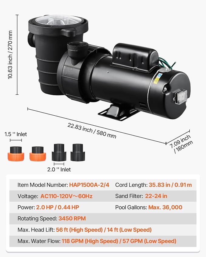 VEVOR Above Ground Pool Pump, 2HP/0.44HP, Dual Speed Swimming Pool Pump, High 118 GPM 56 ft Lift, Low 57 GPM 14 ft Lift, 110V 3450 RPM with Strainer Basket, 122°F Max Water Temp, for Hot Tubs Spas